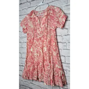 OLIVACEOUS Pink Tropical Toile Floral Tiered Mini Dress Cotton Tassel Boho Med. thumbnail 2