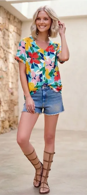 HAPTICS Teal & Coral Floral V Neck Top Super Soft Blouse Short Sleeve Tropical thumbnail 1