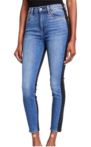 Alice + Olivia jeans blue denim wash two tone black leather a high-rise SZ 26 thumbnail 1