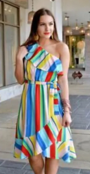 🌈 Peach Love‎ California One-Shoulder Rainbow Stripe Midi Dress M 🌈 thumbnail 1