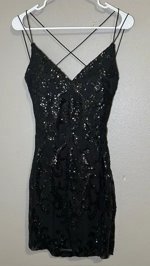 Windsor Black Sequin Damask Strappy Open Back Party Mini Dress Women Size Medium thumbnail 1