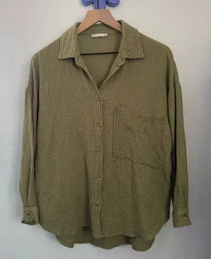 Altard State Small/Medium Olive Green Gauze Like Button Sleeve Shirt Fall Relax thumbnail 1