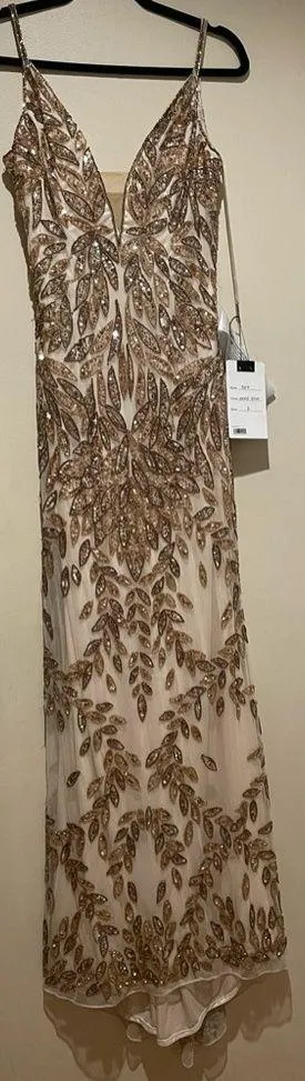 NWT Mac Duggal Style 5107 Plunging Neckline Sequins Gown Dress Gold Nude Size 10 thumbnail 1