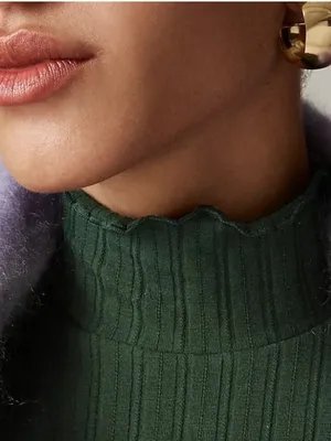 J. CREW Dark Forest Pointelle knit lettuce trim turtleneck top Size S CF645 thumbnail 2