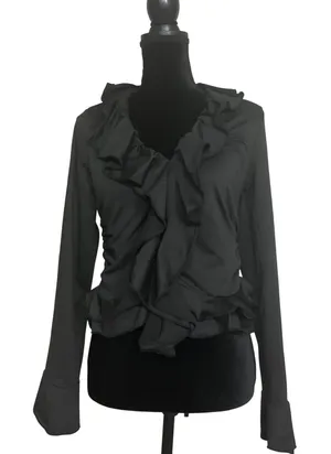 Women's Black Ruffle V-Neck Peplum‎ Long Sleeve Blouse Top Ruched Sexy XL 12 thumbnail 1