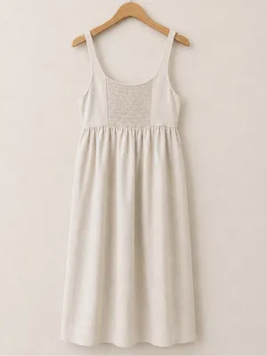 Zara Oatmeal Flowy Linen Lyocell Maxi Dress Smocked Back Sleeveless Boho Coastal thumbnail 6