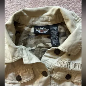 HARLEY DAVIDSON Women’s Crop Top‎ Jacket Canvas Biker Khakis Sz Large thumbnail 3