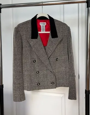 Women’s Gray Plaid Double-Breasted Blazer with Black Collar thumbnail 1