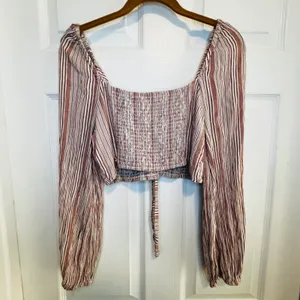American Eagle Outfitters Striped Smocked Tie Front Crop Top Long Sleeve M thumbnail 9