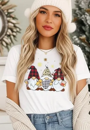 Fruit of the Loom Christmas Holiday Gnomes Plaid Leopard Print Women’s Graphic Cotton T Shirt Sz L thumbnail 1