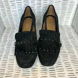 Franco Sarto Womens Black Suede Studded‎ Kiltie Loafer Block Heels Size 8.5M thumbnail 3