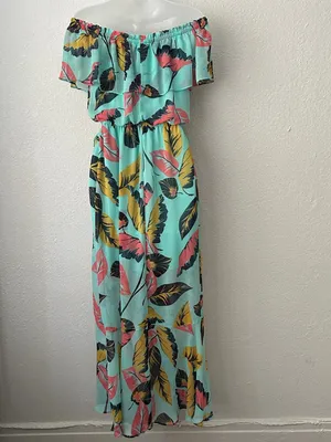 Express Size S Off-Shoulder Aqua Tropical Floral Maxi Dress thumbnail 3