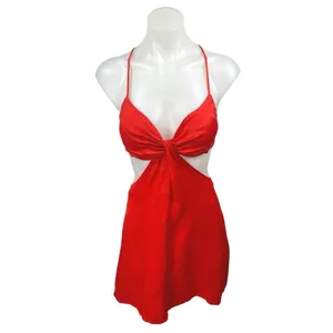 Zara Red Sleeveless Silk Satin-Effect Cutout Cross Back Knot Slip Mini Dress S thumbnail 3