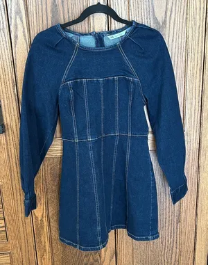 ZARA DARK WASH DENIM LONG SLEEVE MINI DRESS deep indigo fit flare women’s‎ small thumbnail 1