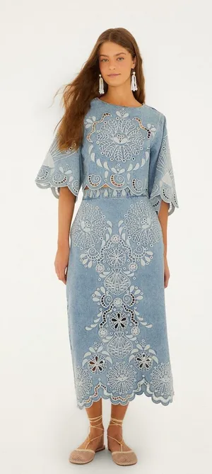 Farm Rio Denim Richelieu Kimono Sleeves Cropped Blouse M thumbnail 1