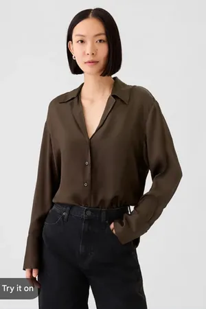 Gap NWT!! Women’s Satin Relaxed Button Down Shirt in Chocolate Brown thumbnail 1