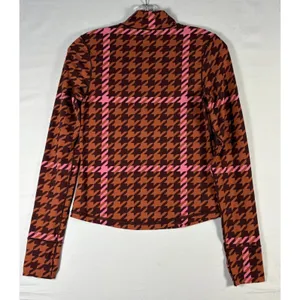 Aerie‎ Women Pink Brown Houndstooth Mock Neck Thumbhole Active Top S thumbnail 2