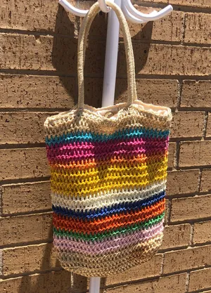 Raffia boho bohemian basket wicker straw neutral rainbow shoulder tote bag purse thumbnail 3