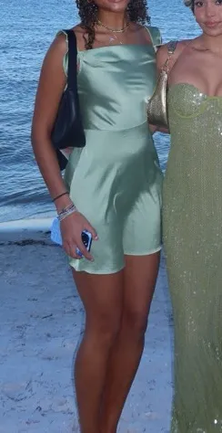 Cider Satin Ruched Ruffle Hem Green Mini Dress thumbnail 2
