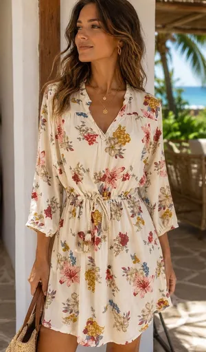 O'Neill floral boho peasant mini dress 3/4 sleeve‎ festival cottagecore medium thumbnail 1