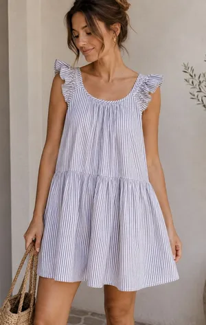 Apiece Apart XL Blue Stripe Baby Doll Ruffle Poplin Coastal‎ Mini Dress Cotton thumbnail 1