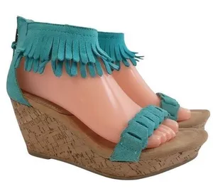 Minnetonka‎ Aqua suede fringe Nicki wedge sandals thumbnail 1