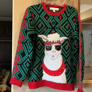 Christmas Jolly Sweater Llama Jingle Bell Green Red Sequins Ugly Oversized thumbnail 1