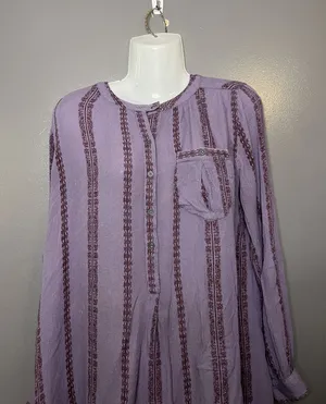 Free People Blouse Womens Medium Purple Striped Henley Long Sleeve Tunic Top thumbnail 1