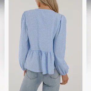 NWOT PRETTYGARDEN Babydoll Peplum Blouse Shirt Puff Long Sleeve Bow Tie Front XL thumbnail 3