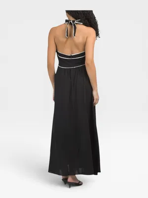 NWT White Closet Linen Blend Halter Neck Maxi Dress Black & White SMALL thumbnail 2