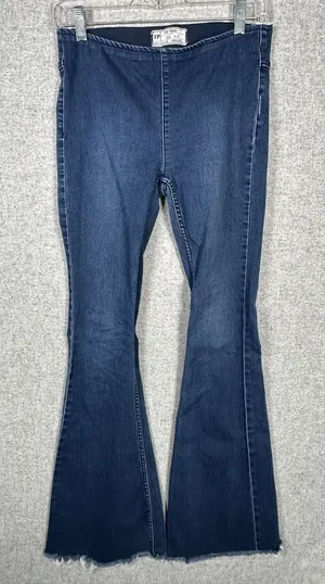Free‎ People Jeans 27 Womens Blue Pull On Flare Stretch Denim Rough Hem Hippie thumbnail 1