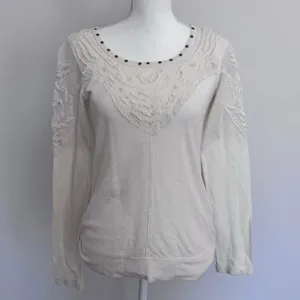 Free People Lace Cottagecore Studded Collar Cotton Slouchy Boho Longsleeve M thumbnail 2