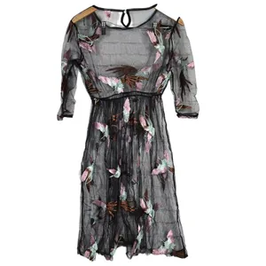 Sheer Black Embroidered Bird Midi Dress Women's Mesh‎ Long Sleeve Keyhole Button thumbnail 2