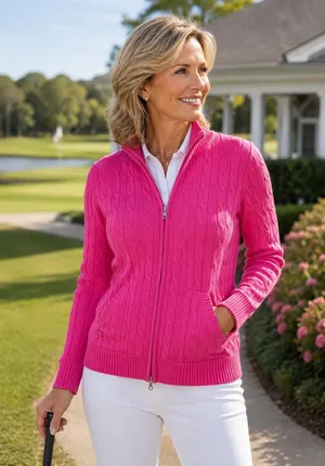 Kate Lord Womens Sweater L Pink Cable Knit Full Zip Golf Cardigan Pockets thumbnail 1