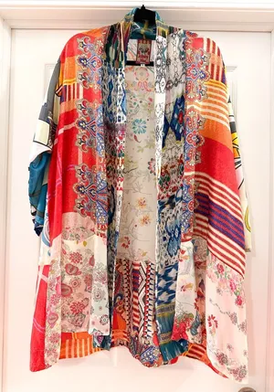 Johnny Was Johnny Was Patchwork Print Multicolor Silk Kimono Top Oversized Sz L thumbnail 1