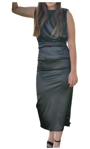 Lena Satin Midi Dress Womens Large Black‎ Open Back Sleeveless Cocktail Sleek thumbnail 1
