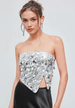 Cider SEQUIN ASYMMETRICAL SPLIT TUBE CROP TOP thumbnail 1