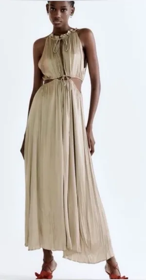 NWT Zara Wrinkle Look Satin Effect Cut Out Maxi Dress Medium Wedding Black Tie thumbnail 1