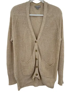 J.Crew Womens Tan Linen Cotton Knit V-Neck Button Cardigan Sweater Size M‎ thumbnail 1