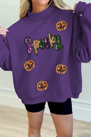 SYNZ Sequin Pumpkin Spooky Halloween Sweatshirt Women's Size Small thumbnail 1