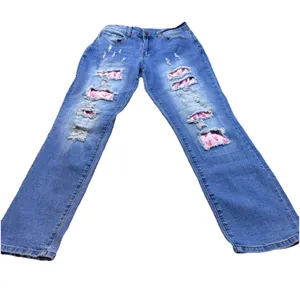 Distressed Heart Patch Jeans Cute Y2K Aesthetic Denim Ripped Straight Leg Pant M thumbnail 2