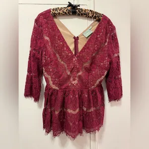 Anthropologie Maeve Lace Peplum Top Burgundy Large thumbnail 4