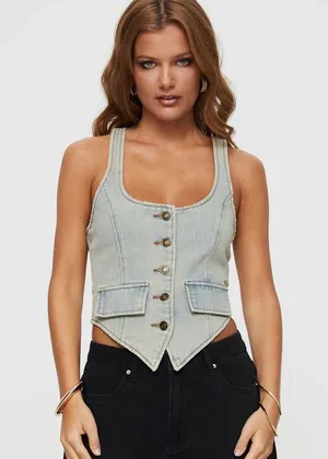 LIONESS NYC faded Denim Halter Top thumbnail 1