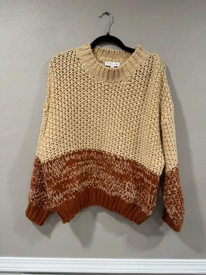 She & Sky Chunky Knit Colorblock Sweater in Beige and Rust thumbnail 2