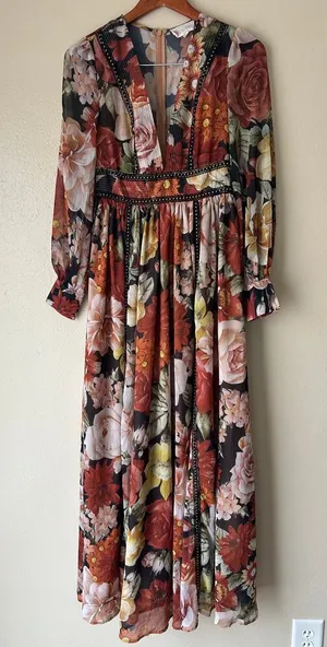 L'Atiste Burnt Orange Floral Semi Sheer Deep V Maxi Dress Size Small thumbnail 1