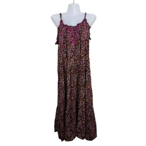 Natural Life Womens XS/S Floral Tiered Midi Dress Pink Embroidered Pockets Brown thumbnail 2