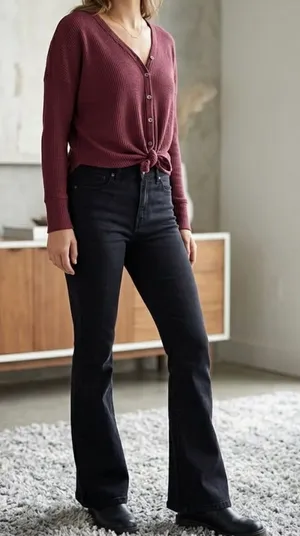Abercrombie Wine Ribbed Button-Front Tie Hem Top thumbnail 1
