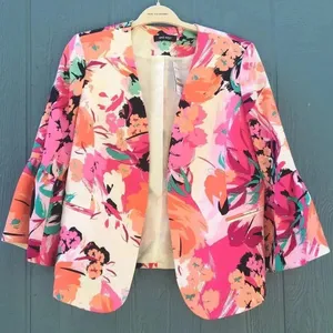 NEW Nine West Women’s Size 12 Ruffle Sleeve Pink Floral Blazer Jacket v6x thumbnail 3