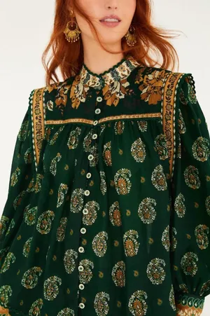 Farm Rio Green Tayla Lace Buttoned Puff Sleeve Blouse S thumbnail 1
