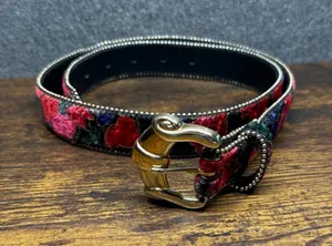 Vintage Floral Velvet Belt Womens Medium Large Red Blue Gold Buckle Studded Trim thumbnail 1